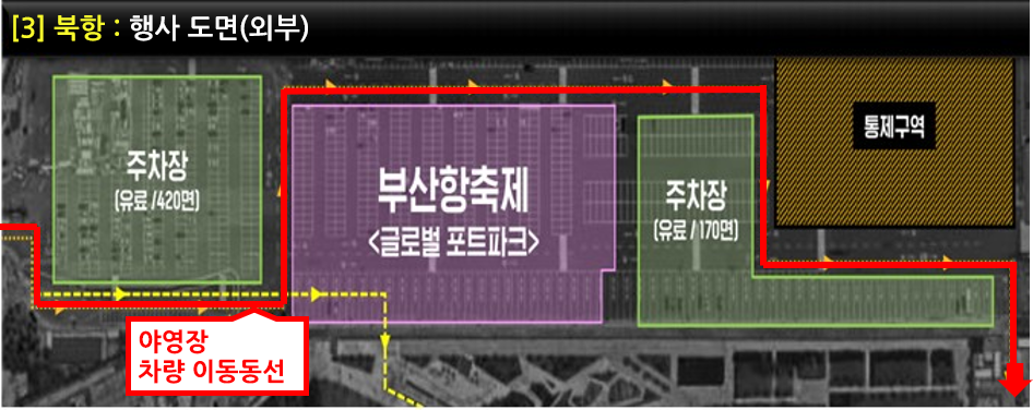 부산항 힐링야영장(5.27.~5.28.) 차량 이동동선 안내