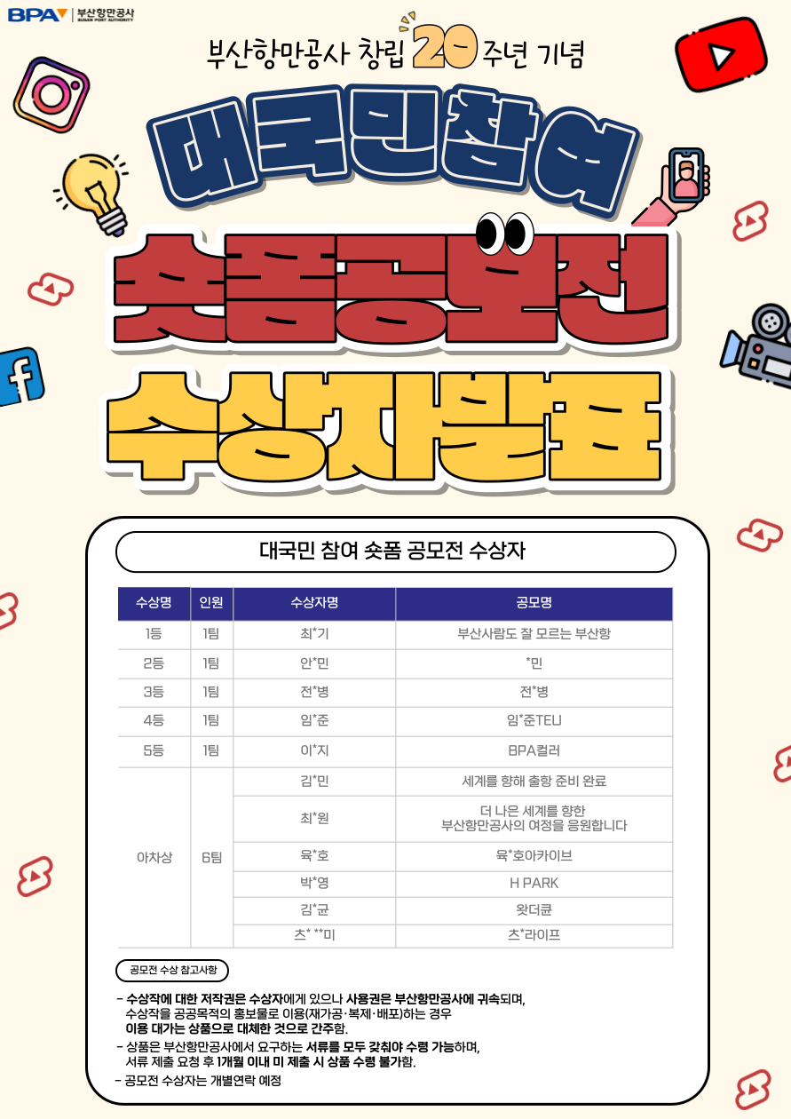 부산항만공사 창립 20주년 기념 대국민참여 숏폼공모전 수상자 발표