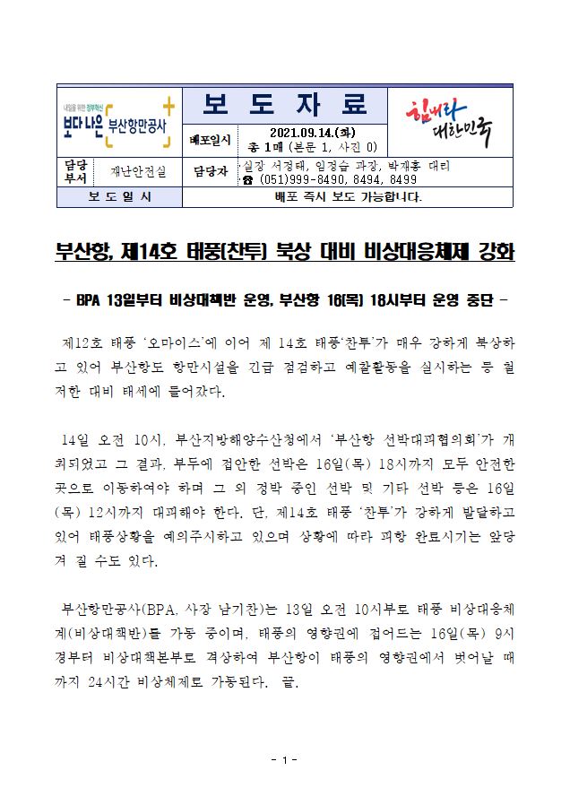 부산항, 제14호 태풍(찬투) 북상 대비 비상대응체제 강화