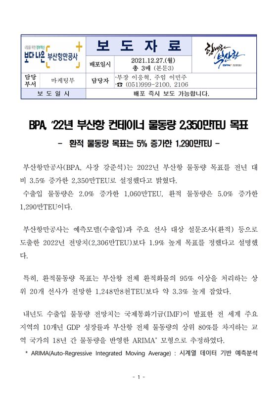 BPA, 22년 부산항 컨테이너 물동량, 2,350만TEU 목표