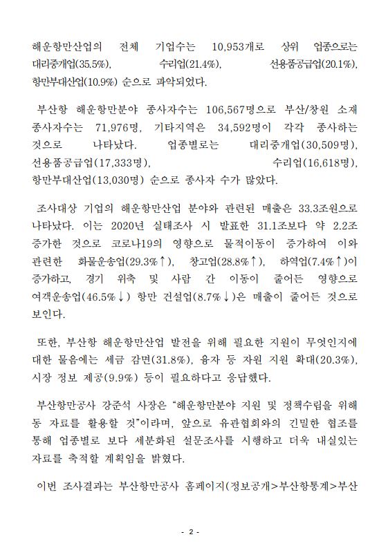 부산항만공사, 2021 부산항 해운항만산업 실태조사 발표